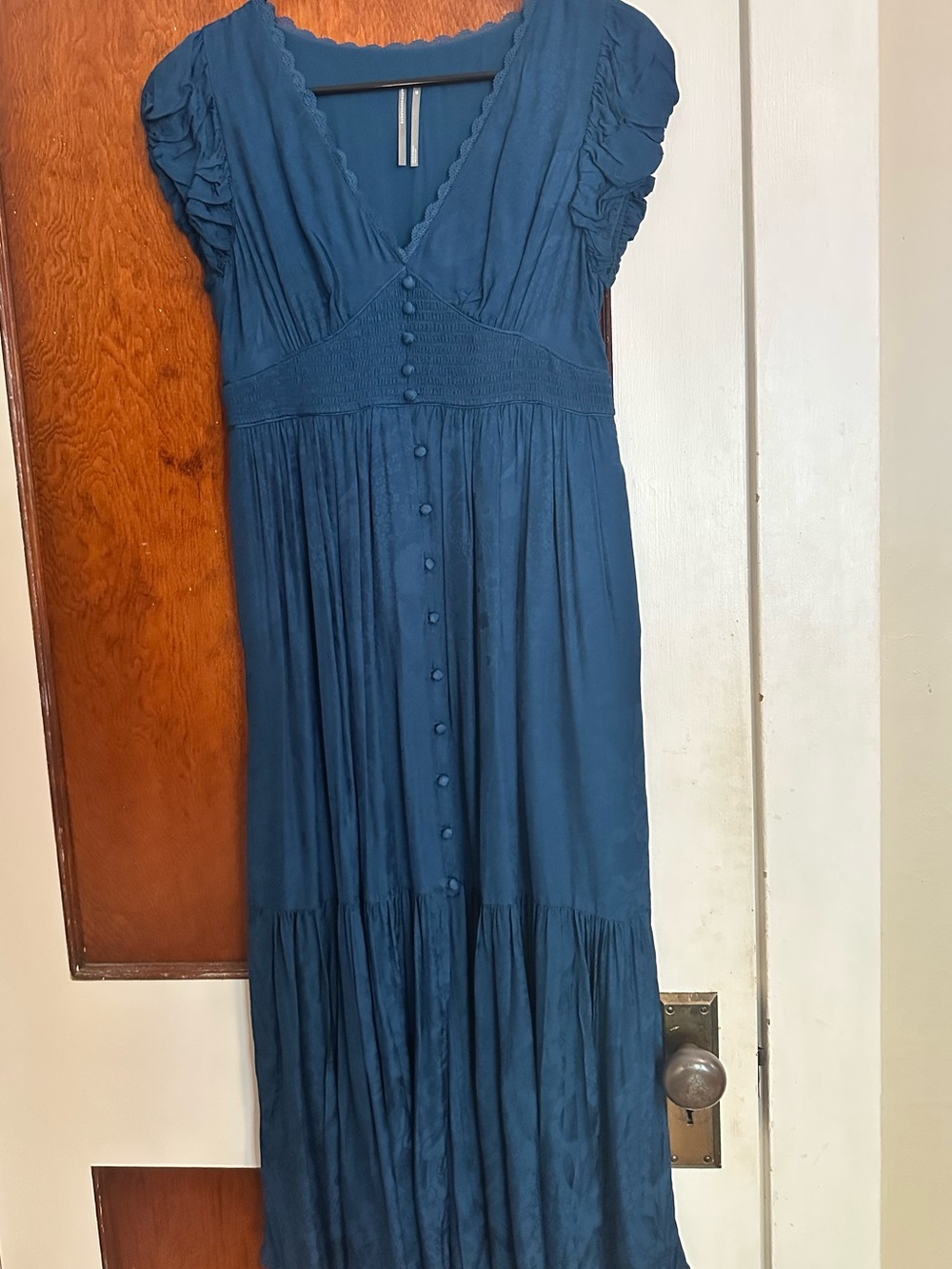 Anthropologie Teal Blue V-Neck Button-Front Maxi Dress